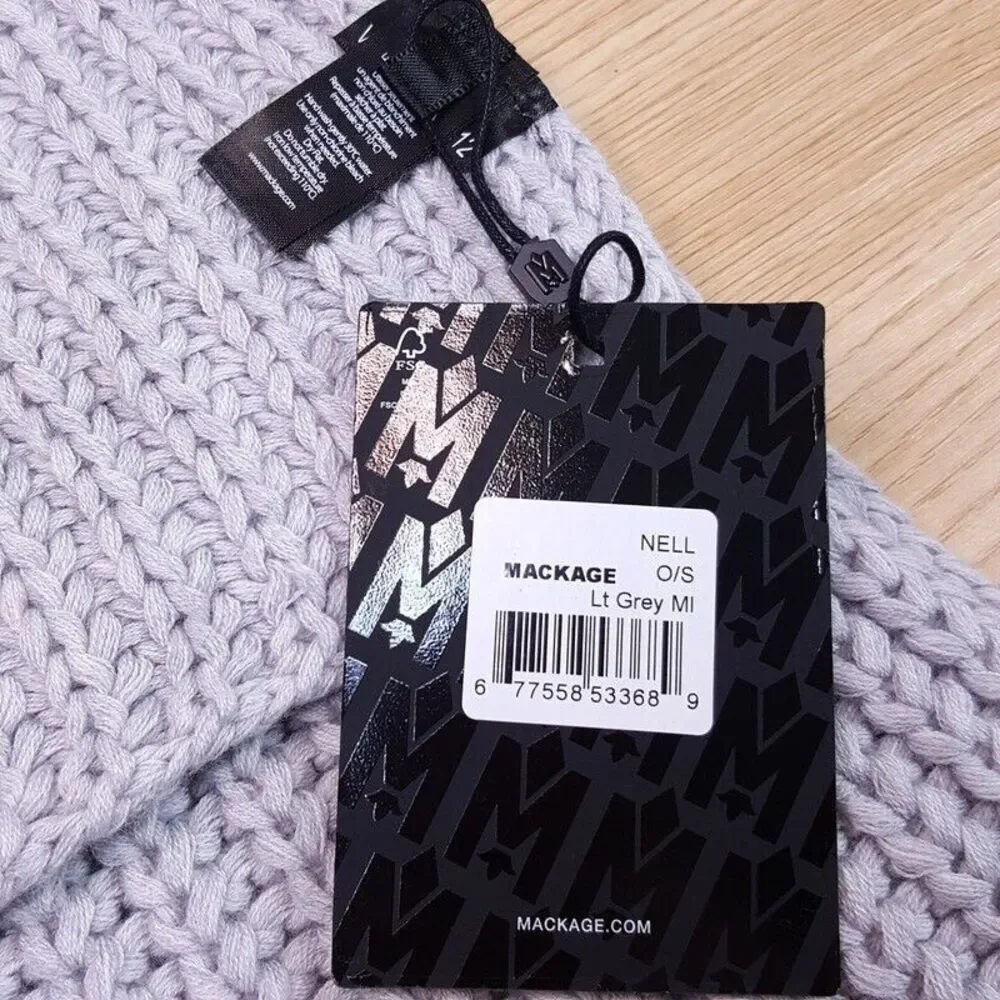 MACKAGE Scarf Gray Rectangle Knit Logo Merino Wool NELL Cozy Soft 90X12 $175